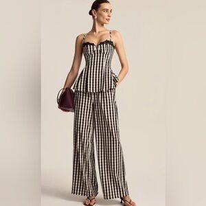 COMMENSE Women's Gingham Peplum Top w/ Matching Wide Leg Pants, NWT, Size XL